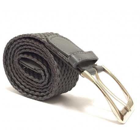 Elegantní elastický pásek s koženou aplikací a kovovou sponou - šedý