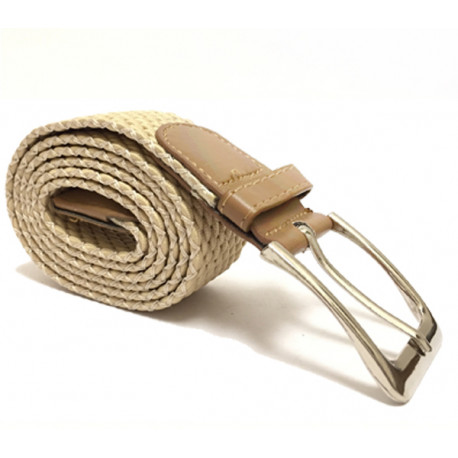 Elegantní elastický pásek s koženou aplikací a kovovou sponou - béžový